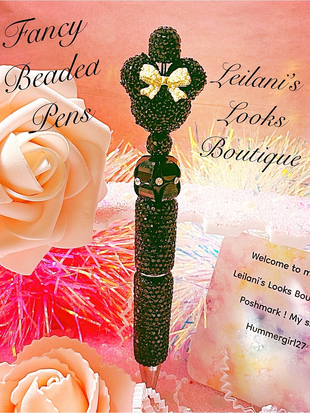 Fancy Black Beaded Pen with Gold Bow Accent/ Fancy beaded Pen/gifts/minnie mouse